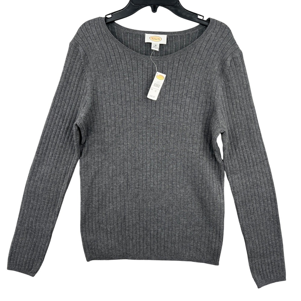 Talbots Gray Ribbed‎ Knit Long Sleeve Scoop Neck Cotton Sweater Size M NWT